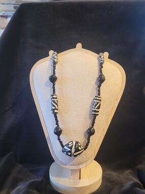 Handcrafted Black and White Beaded Statement Necklace